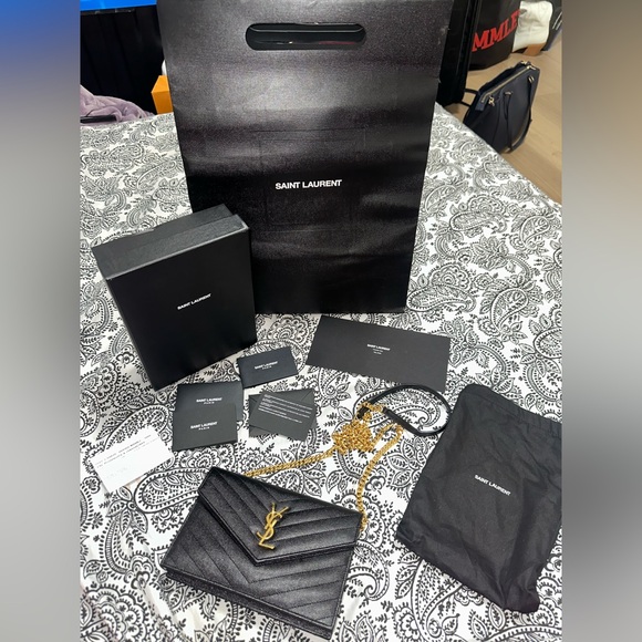 YSL Monogram Envelope Chain Wallet in black grained leather - Picture 1 of 7